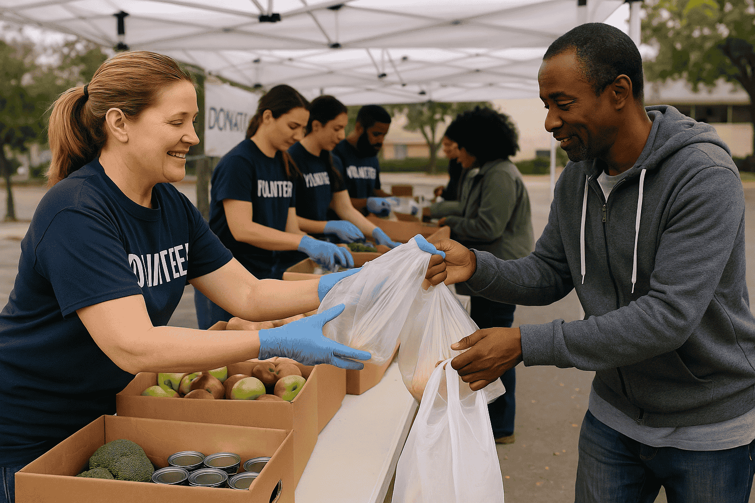 Volunteers in navy shirts distribute fresh food and canned goods at an outdoor non-profit food distribution event, handing out plastic bags to community members under white tents in a parking lot.